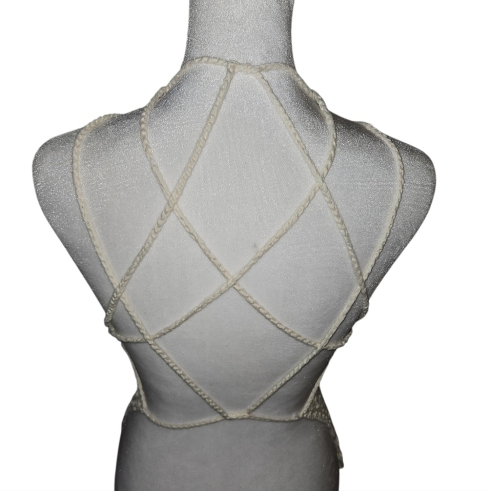 Hand Crafted Crochet Crop-Top Handmade Floral pattern Swim cover-up Cream #752 - Picture 9 of 17
